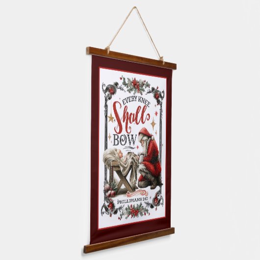 キリストへのサンタの敬意 - クリスマスの宗教的アートワーク 吊り下げ型タペストリー (傾斜あり)