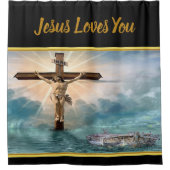 キリスト教のはりつけの十字からつるしているイエス・キリスト シャワーカーテン (正面)