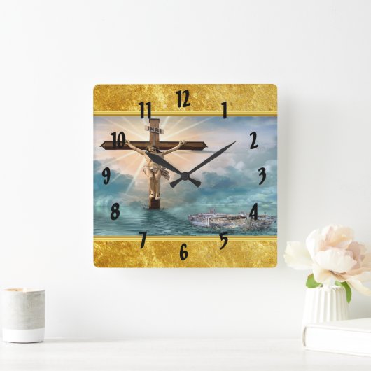 キリスト教のはりつけの十字からつるしているイエス・キリスト スクエア壁時計 (ホーム)