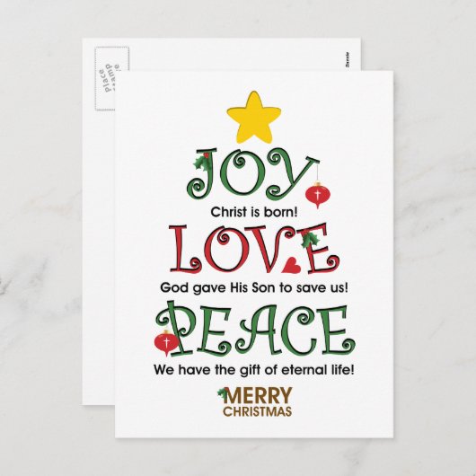 キリスト教のクリスマスの喜び愛と平和 シーズンポストカード (正面/裏面)