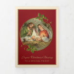 キリスト教のクリスマス  イエス  聖母マリア  聖ヨセフ 三つ折りクリスマスカード<br><div class="desc">この素敵な三つ折りの宗教的なクリスマスカードは、美しいパーソナライズされた伝統的なカトリックのヴィンテージ印刷の聖母マリア、聖ヨセフ、天使たちが、横たわるキリストの幼児を神の子として見つめる様子を特徴としています。 中には、聖ロベルト・サウスウェルによる美しい詩があります。</div>