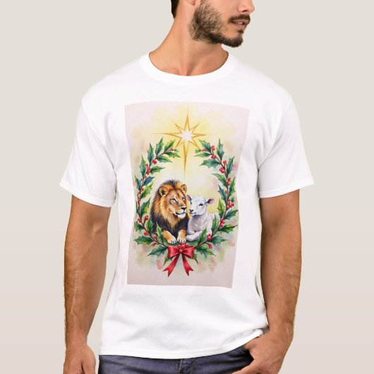 キリスト教のクリスマス ライオンと子羊とスター Tシャツ (正面)