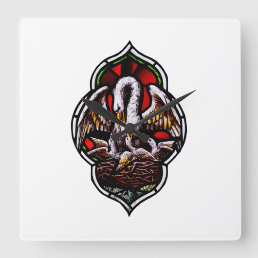 キリスト教のシンボルとしてのペリカン スクエア壁時計 (正面)