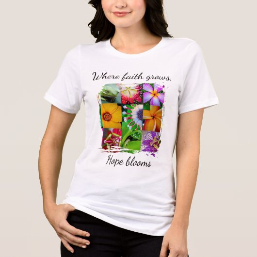 キリスト教の信仰が育む花コラージュ 希望が花開く トライブレンドTシャツ (正面)