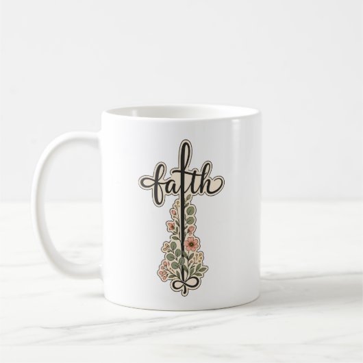 キリスト教の信仰の花の十字架タイポグラフィーデザイン コーヒーマグカップ (左)