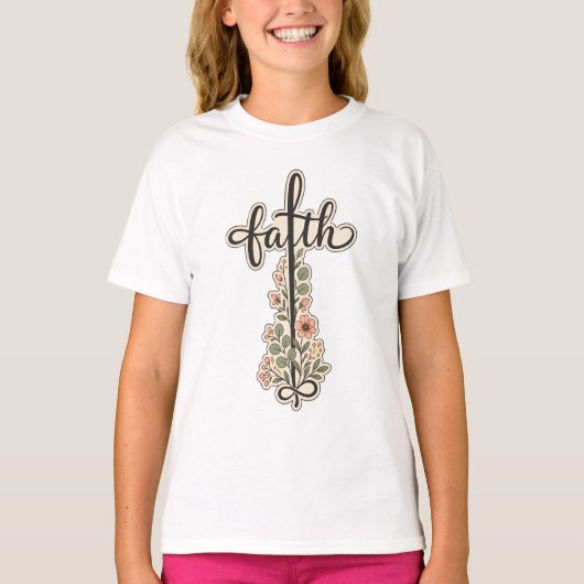 キリスト教の信仰の花の十字架タイポグラフィーデザイン Tシャツ (正面)