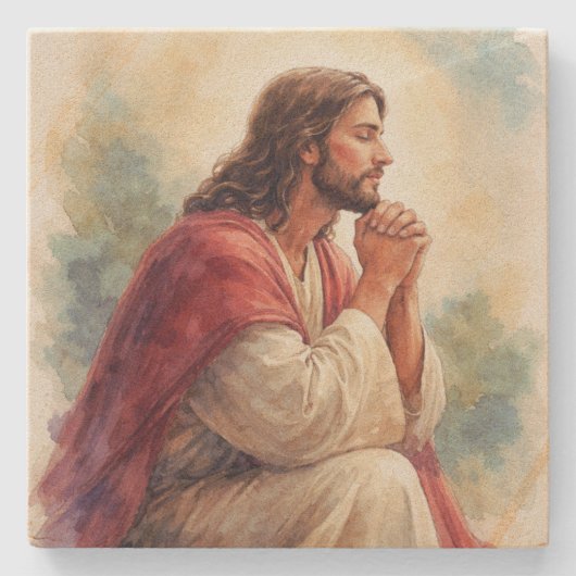 キリスト教の信仰 | イエス・キリストの祈りの水彩画アート ストーンコースター (正面)