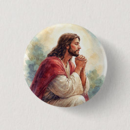 キリスト教の信仰 | イエス・キリストの祈りの水彩画アート 缶バッジ