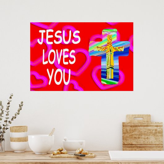 キリスト教の十字架であなたを愛するイエス ポスター (キッチン)