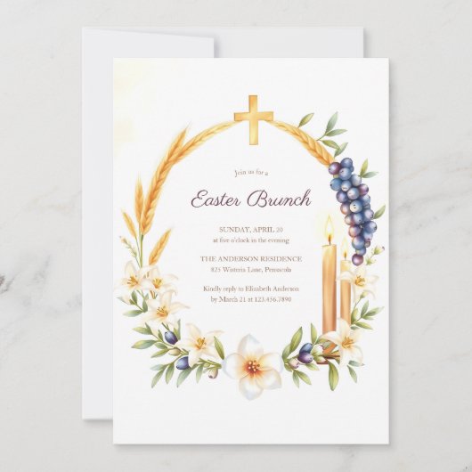キリスト教の十字架と花輪のカトリックイースター・ブランチ 招待状 (正面)