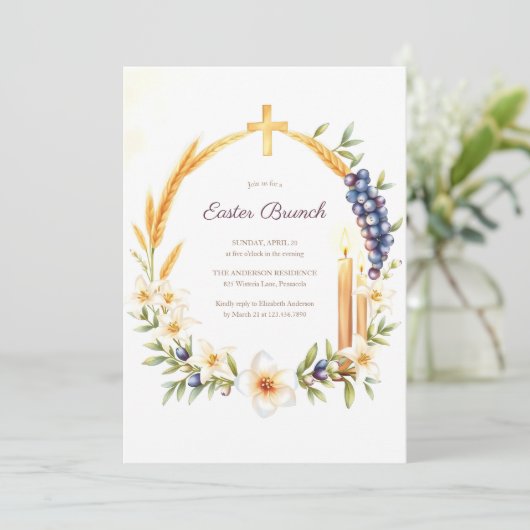 キリスト教の十字架と花輪のカトリックイースター・ブランチ 招待状 (スタンド正面)