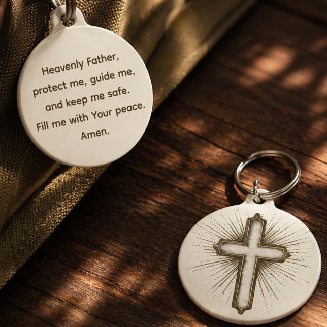 キリスト教の十字架信仰保護の祈り ペット　ネームタグ (Prayer of Protection. Christian Faith Cross. Attach to backpacks, key chains and other. )