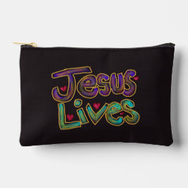 キリスト教の名言「Jesus Lives」カスタムネーム アクセサリーポーチ