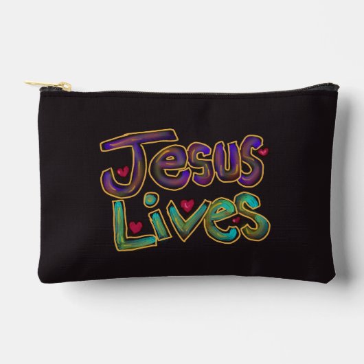 キリスト教の名言「Jesus Lives」カスタムネーム アクセサリーポーチ (正面)