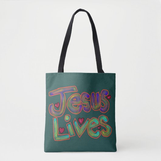 キリスト教の名言「Jesus Lives」グリーン トートバッグ (正面)