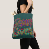 キリスト教の名言「Jesus Lives」グリーン トートバッグ (クローズアップ)