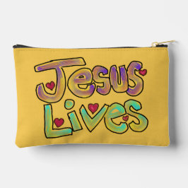 キリスト教の名言「Jesus Lives」明るい黄色 アクセサリーポーチ