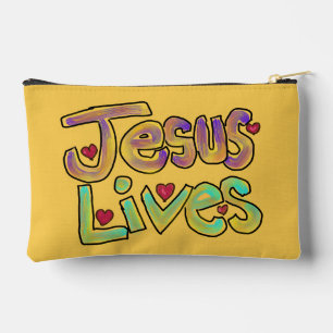 キリスト教の名言「Jesus Lives」明るい黄色 アクセサリーポーチ