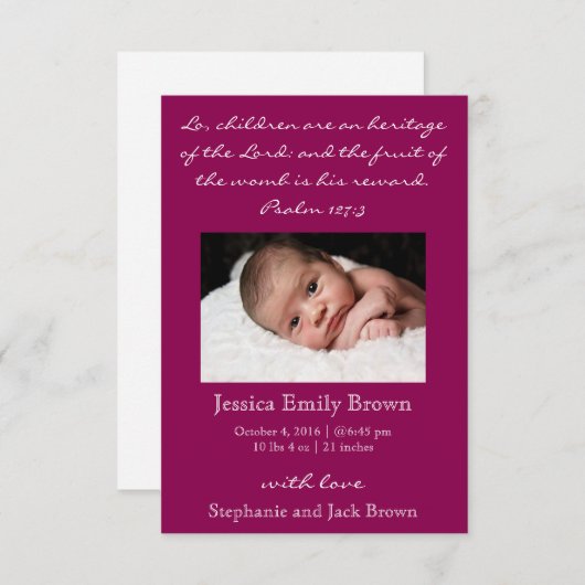 キリスト教の女の赤ちゃんの誕生の発表 案内状 (正面/裏面)