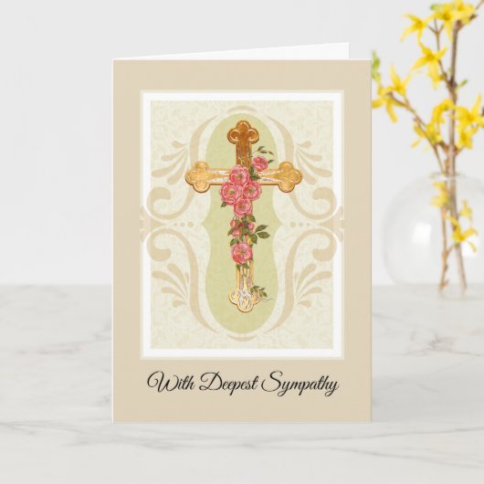 キリスト教の弔問バラとのクロス悔やみや弔慰 カード (黄色い花)