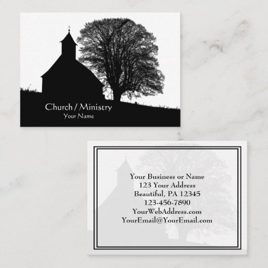 キリスト教の教会と木のシルエット 名刺 (正面/裏面)