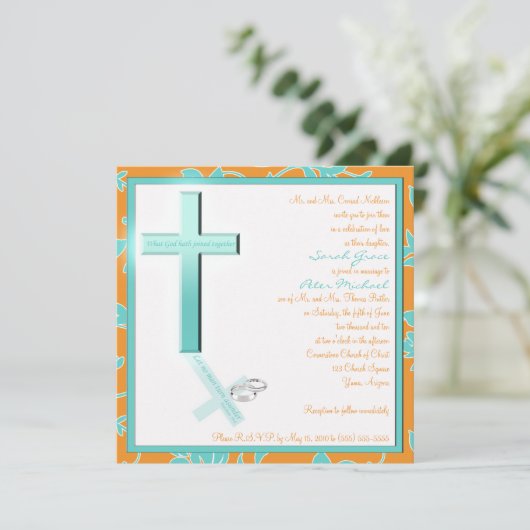 キリスト教の水の蜜柑の正方形の結婚式招待状 招待状 (スタンド正面)