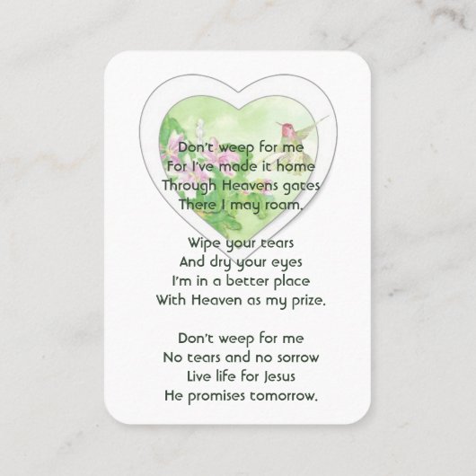 キリスト教の生活のお祝い，サービスHummingbird 名刺 (裏面)