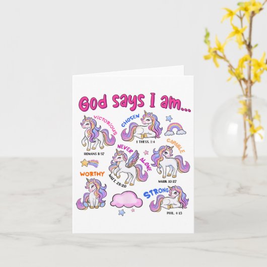 キリスト教の神は私はユニコーン聖書の聖句レリギであると言う カード (黄色い花)