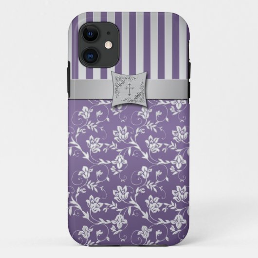 キリスト教の紫色の銀製の花柄のストライプなiPhone 5 Case-Mate iPhoneケース (裏面)