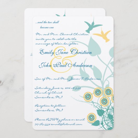 キリスト教の結婚式招待状 ハummingbird 花 招待状 (正面/裏面)