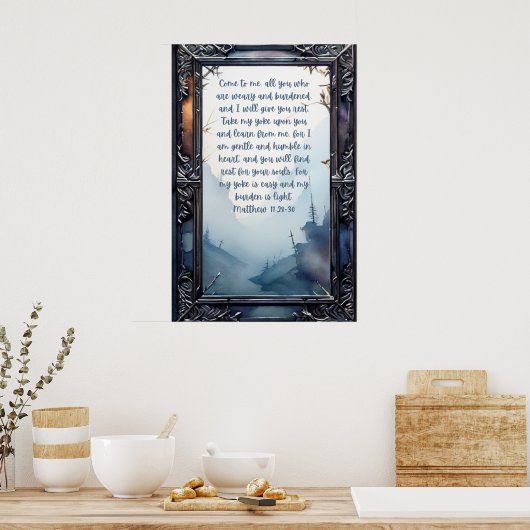 キリスト教の聖なる聖書の聖句マタイ11:28-30 ポスター (キッチン)