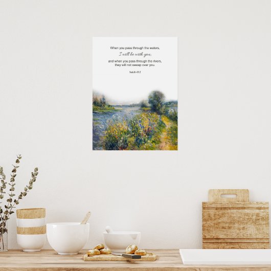 キリスト教の聖書の聖句イザヤ43:2川 ポスター (キッチン)