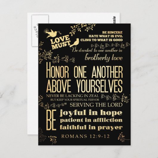 キリスト教の聖書の聖句 – ローマ人への手紙第12章9-12節 ポストカード (正面/裏面)