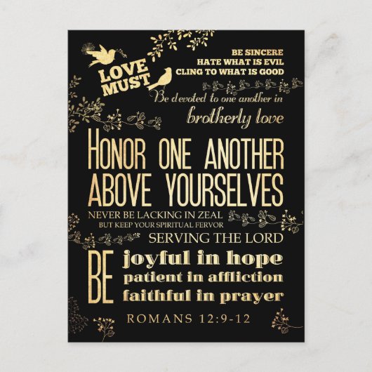 キリスト教の聖書の聖句 – ローマ人への手紙第12章9-12節 ポストカード (正面)