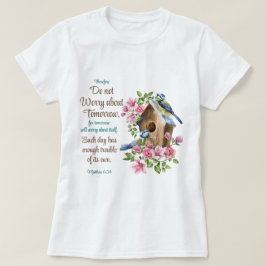 キリスト教の花と鳥のデザイン 明日を心配するな Tシャツ
