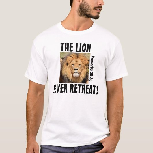 キリスト教のTシャツ, ライオンは決して退却しない, 箴言30 Tシャツ (正面)