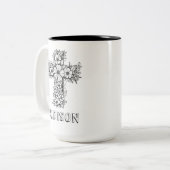 キリスト教信仰フローラクロス名前をカスタムするの色 ツートーンマグカップ (正面左)