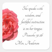 キリスト教先生感謝の箴言31:26バラ スクエアシール (正面)
