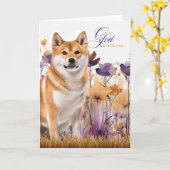 キリスト教励まし 秋田犬 紫の野の花 カード (黄色い花)