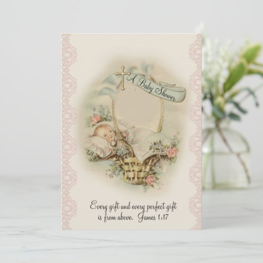 キリスト教宗教的ヴィンテージ赤ちゃんシャワー 招待状 (スタンド正面)