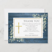 キリスト教葬儀ブルー素朴ウッド緑の詩 サンキューカード (正面)