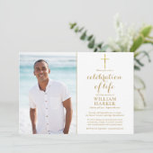 キリスト教金ゴールドお祝いの生活葬儀写真 招待状 (スタンド正面)