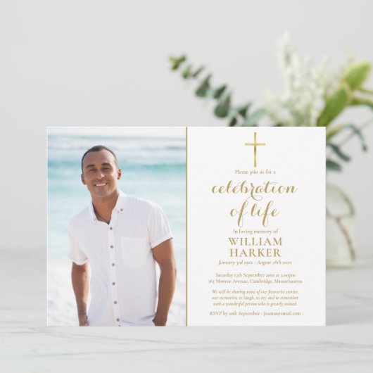 キリスト教金ゴールドお祝いの生活葬儀写真 招待状 (スタンド正面)