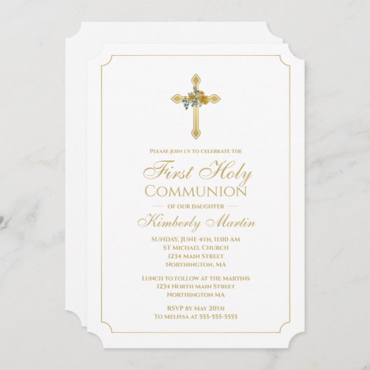 キリスト教金ゴールドのバラが付いている最初聖餐の金ゴールドの十字 招待状 (正面/裏面)