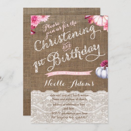 《キリスト教》洗礼式や命名式と秋の最初の誕生日パーティー 招待状 (正面/裏面)