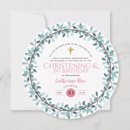 《キリスト教》洗礼式や命名式と誕生日ガールズピンクフローラ 招待状 (正面)