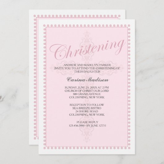 《キリスト教》洗礼式や命名式の十字のピンクの招待状 招待状 (正面/裏面)