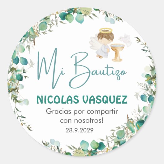 《キリスト教》洗礼式や命名式は可愛いボーイエンジェルと緑の花を好む ラウンドシール (正面)