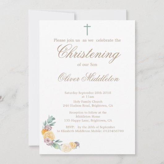 《キリスト教》洗礼式や命名式またはバプテスマフローラグリーン招待状 招待状 (正面)