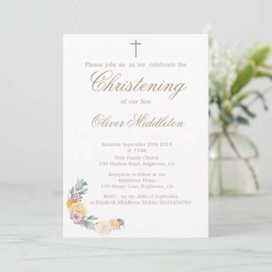 《キリスト教》洗礼式や命名式またはバプテスマフローラグリーン招待状 招待状 (スタンド正面)